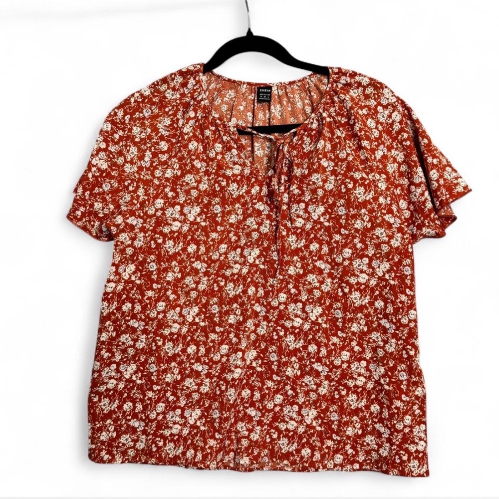 SHEIN Orange\Red Floral Med Boho Cottagecore Short Sleeve Ditsy Summer Top EUC
